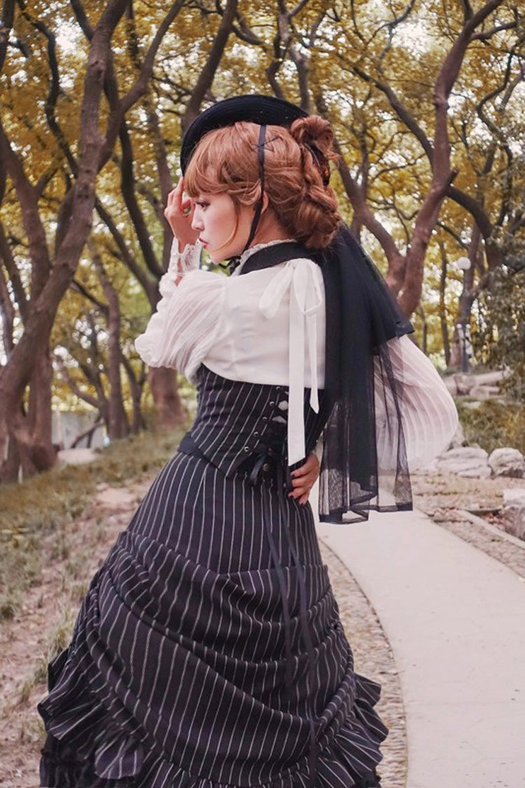 Black V Collar Stripe Print Classic College Style Elegant Lolita Vest