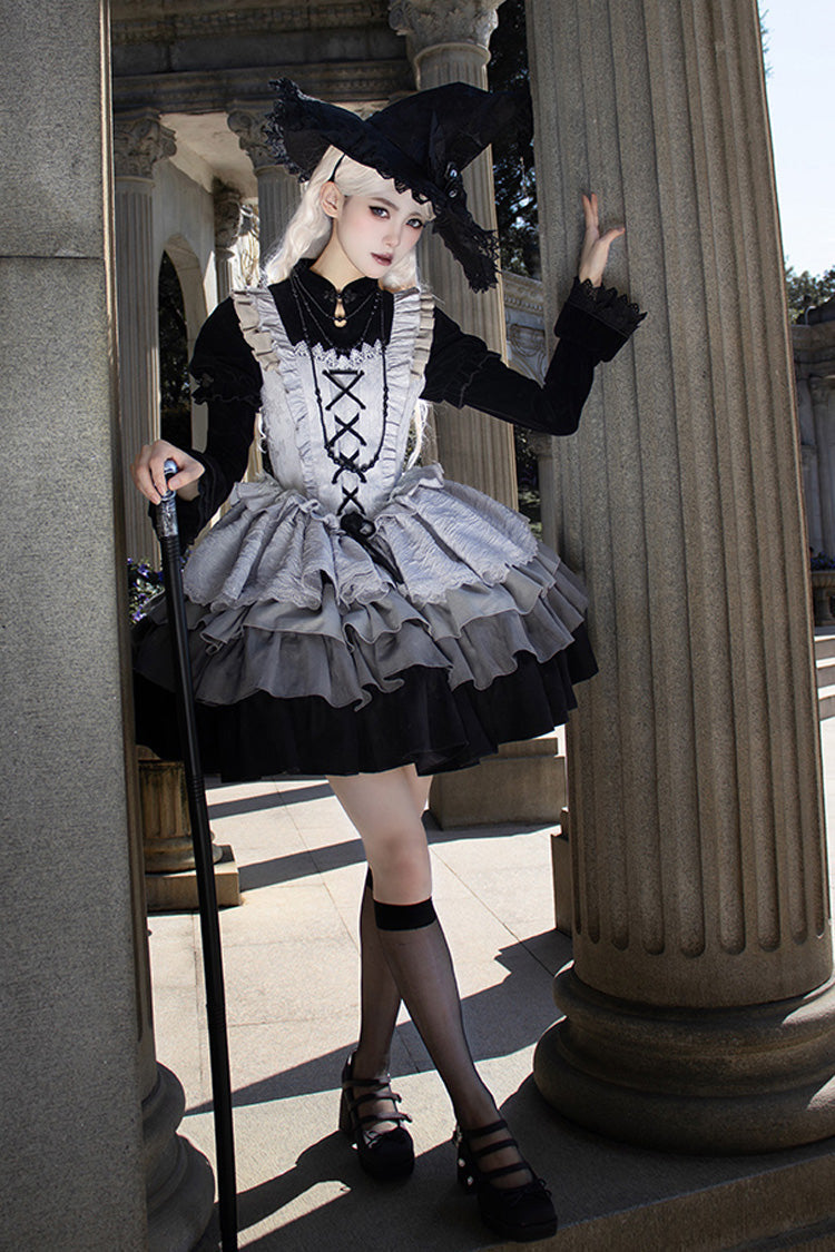 Black/Grey Witch Long Sleeves Gradient Multi-Layered Ruffle Bowknot Lace Gothic Chinese Style Lolita Dress