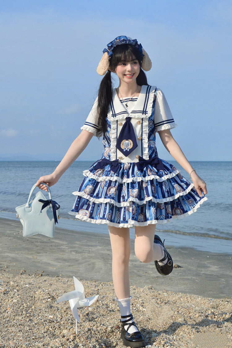Blue [Glory of the Dog] Navy Collar Short Sleeves Low Waisted Triple-Layered Printed Ruffled Bow Sweet Lolita Dress