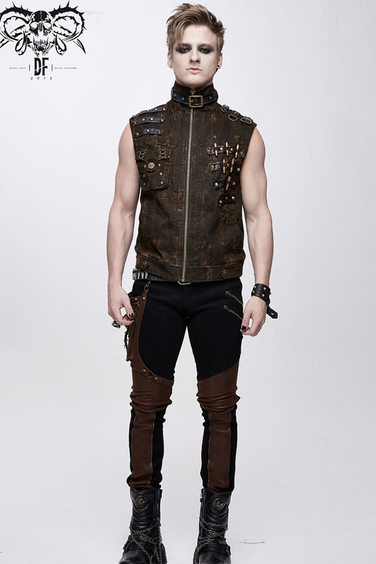 Brown Asymmetrical Bullet Belt 3D Pocket Leather Loop Rivet Back Lace Up Men's Punk Waistcoat