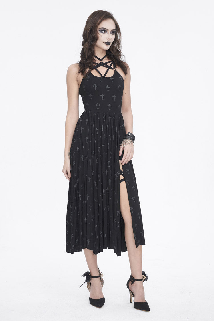 Black Print Strappy Split Womens Gothic Dress
