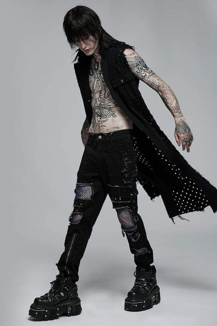 Black V Collar Sleeveless Ripped Mens Steampunk Long Vest