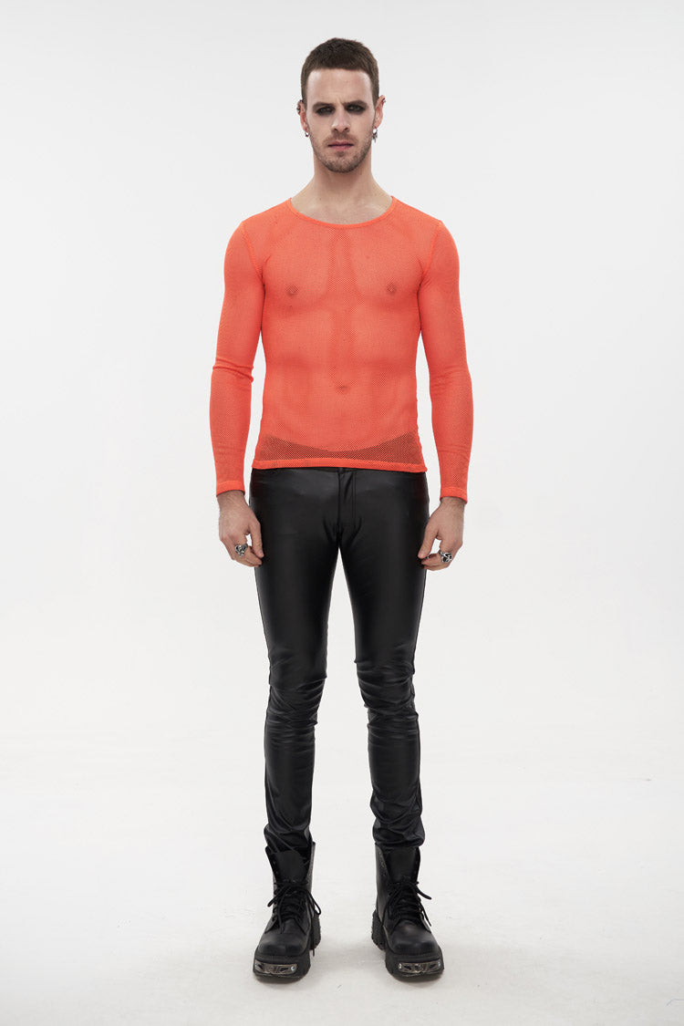 Orange Elasticity High Neck Long Sleeve Mesh Men's Gothic T-Shirt