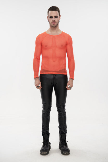 Orange Elasticity High Neck Long Sleeve Mesh Men's Gothic T-Shirt