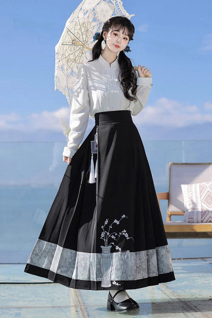 Black/Blue Round Collar Long Sleeves Print Slim Women's Classic Hanfu Dress Three-piece Set