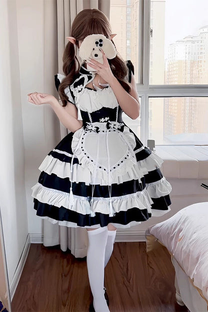 Black/White Love Double-Layered Ruffle Bowknot Sweet Plus Size Chinese Style Lolita Dress Full Set