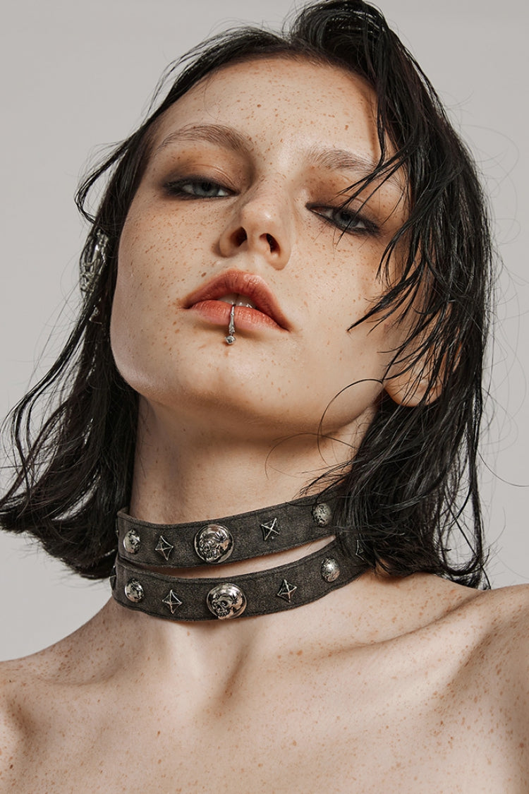 Skull Print Rivets Decoration Women's Steampunk Military Choker 2 Colors