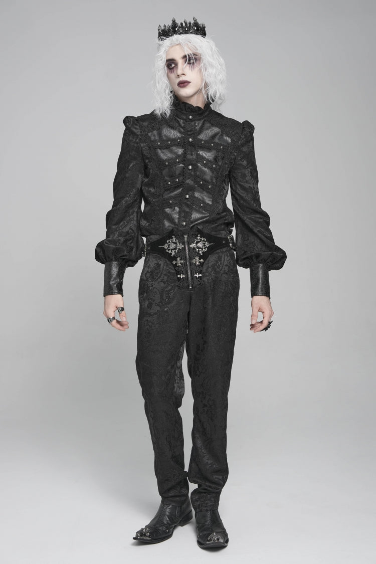 Black Stand Collar Long Lantern Sleeves Floral Print Embroidery Men's Gothic Blouse
