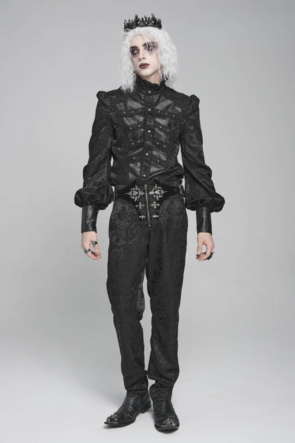 Black Stand Collar Long Lantern Sleeves Floral Print Embroidery Men's Gothic Blouse