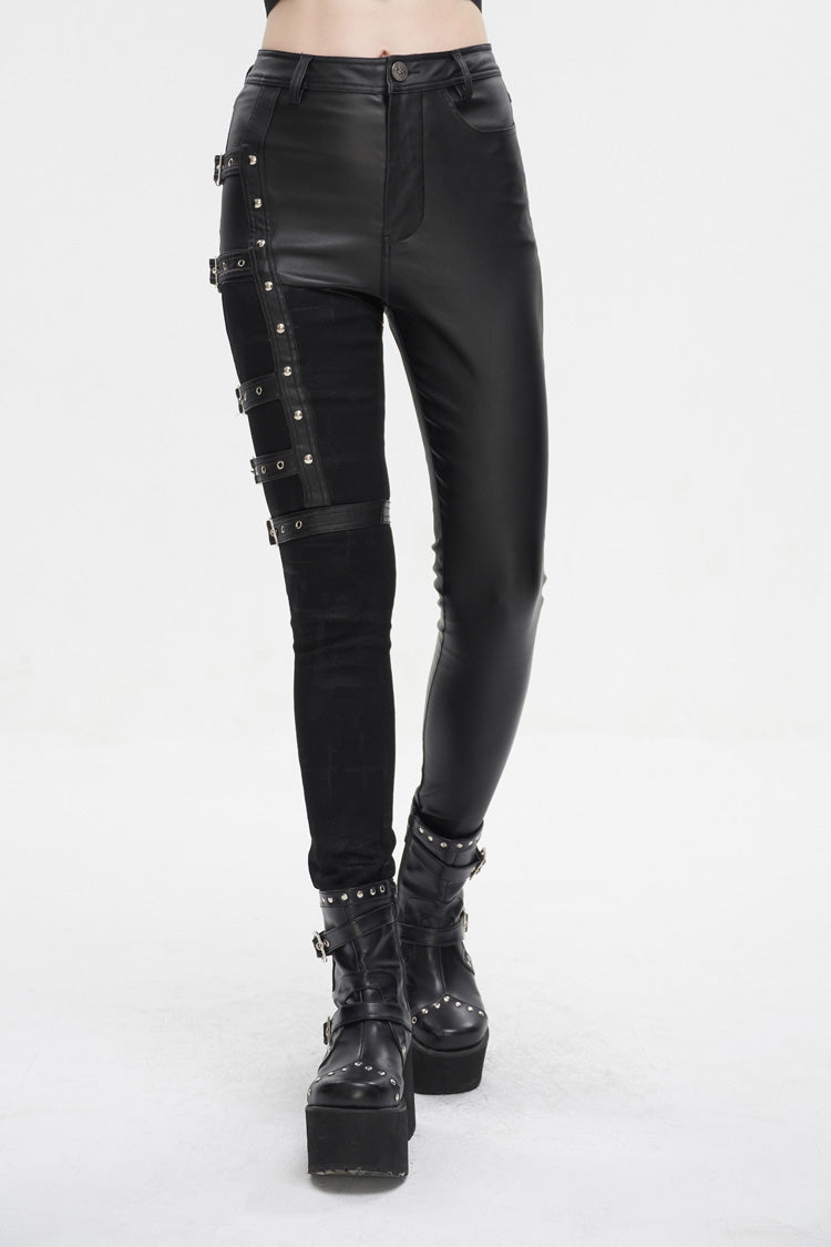 Black Tight Leather Multi Buckle Splice Women's Punk Pants