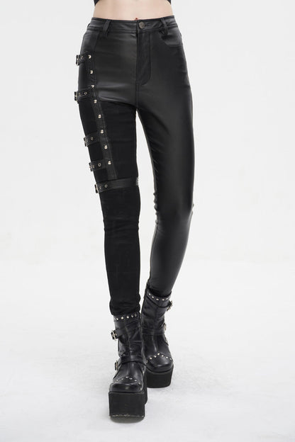 Black Tight Leather Multi Buckle Splice Women's Punk Pants