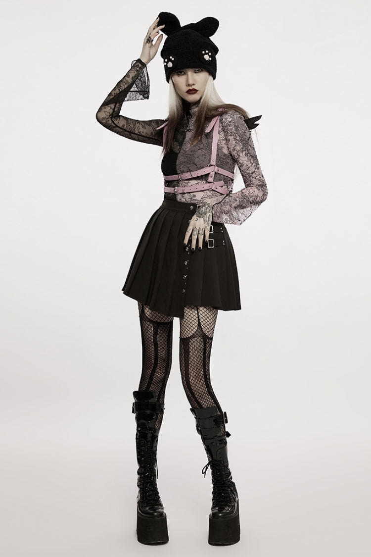 Pink/Black Gothic Lace Stitching Simple Sexy Style Thin See Through Horn Long Sleeved Women's T-Shirt