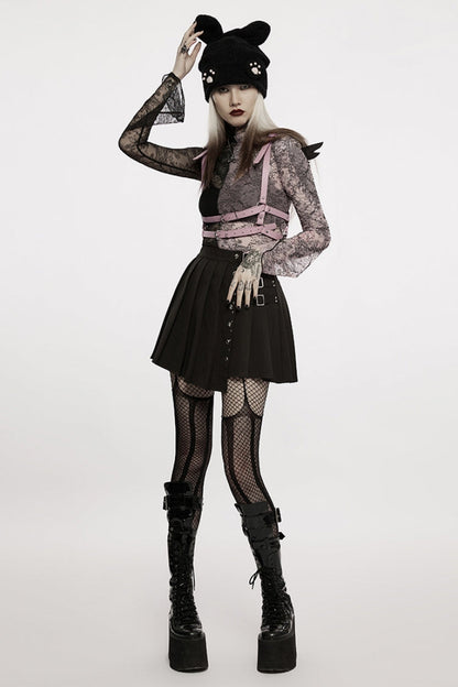 Pink/Black Gothic Lace Stitching Simple Sexy Style Thin See Through Horn Long Sleeved Women's T-Shirt