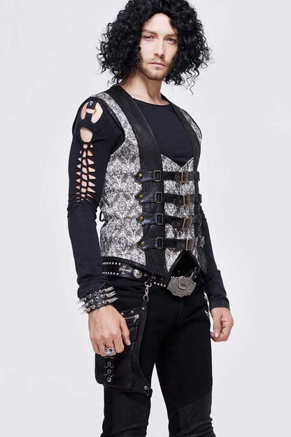 Silver Back Lace Up Jacquard Splice Chest Loop Men's Punk Waistcoat