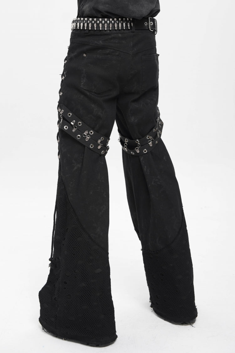 Black Spliced Lace-Up Mesh Ripped Men's Punk Baggy Pants