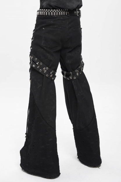 Black Spliced Lace-Up Mesh Ripped Men's Punk Baggy Pants