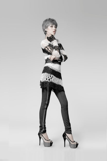 Round Collar Long Sleeves Print Ripped Women's Steampunk Sweater 3 Colors