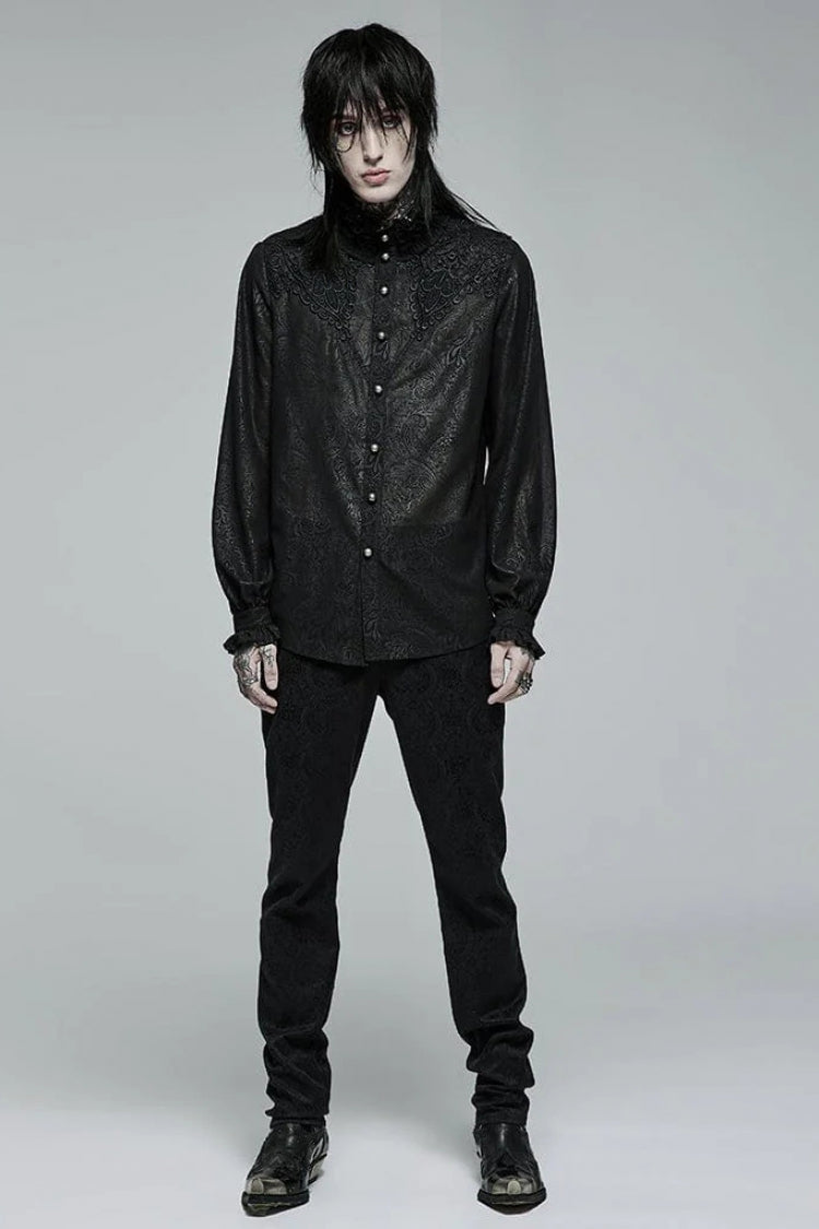 Black Stand Collar Ruffle Floral Embroidery Mens Gothic Blouse