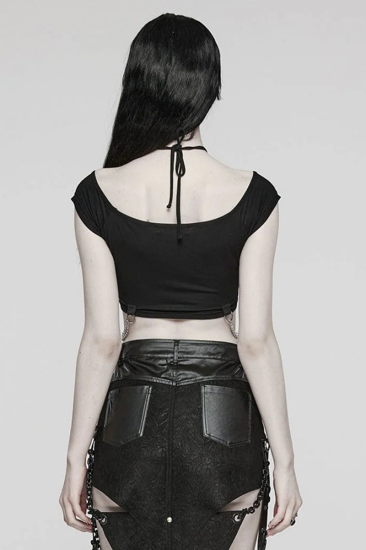 Black Short Sleeves Hollow Metal Chain Womens Steampunk Halterneck T-Shirt