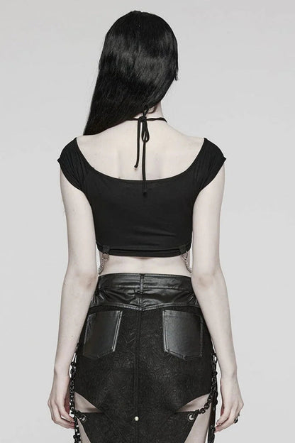 Black Short Sleeves Hollow Metal Chain Womens Steampunk Halterneck T-Shirt