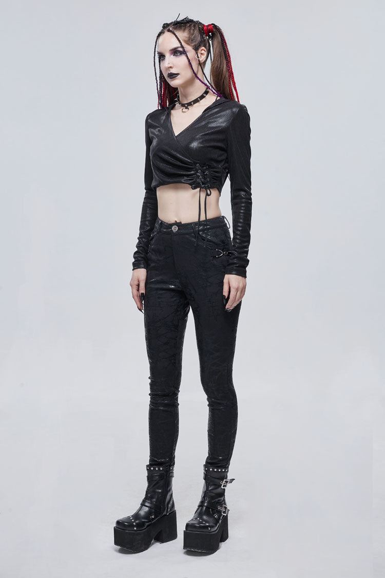 Black Shiny Vertical Grain Texture Tied Rope Decoration Hooded Short Women's Punk T-Shirt