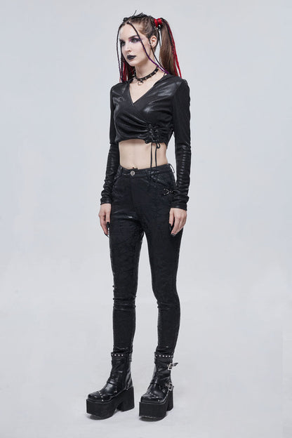 Black Shiny Vertical Grain Texture Tied Rope Decoration Hooded Short Women's Punk T-Shirt