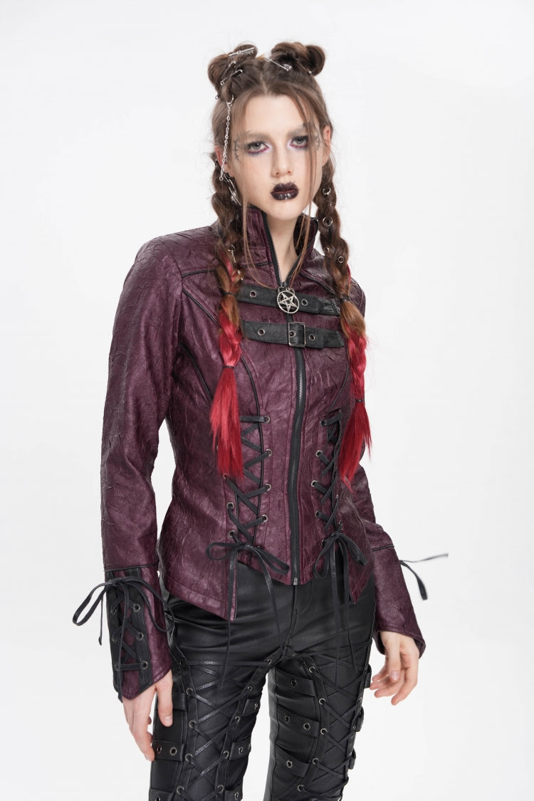 Red Pentacle Lace-Up Buckle Women's Punk Jacket