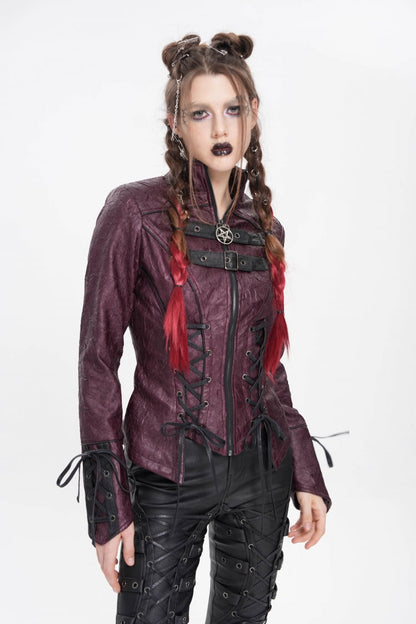 Red Pentacle Lace-Up Buckle Women's Punk Jacket