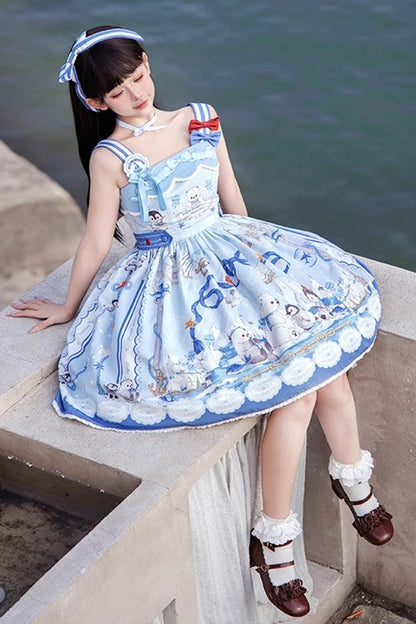 Blue [Penguin Navy] Print Ruffle Bowknot Sweet Princess Lolita Jsk Dress