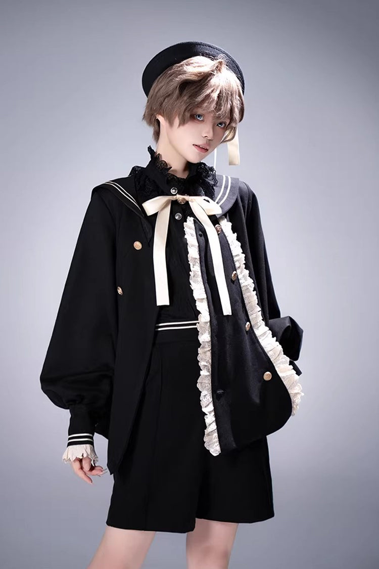 Black [City of Mist] Navy Collar Long Sleeves Gothic College Style Prince Ouji Lolita Shorts Coat Set