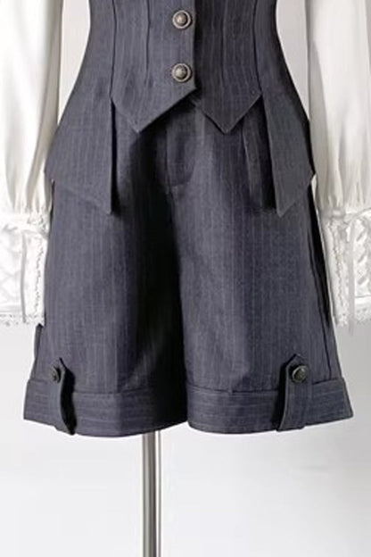 Grey [Griffin’s Pact] Bust Support Striped Printed Gothic Ouji Lolita Shorts Vest Set