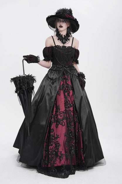 Black/Red Off Shoulder Embroidery Stitching Lace Women's Gothic Dress