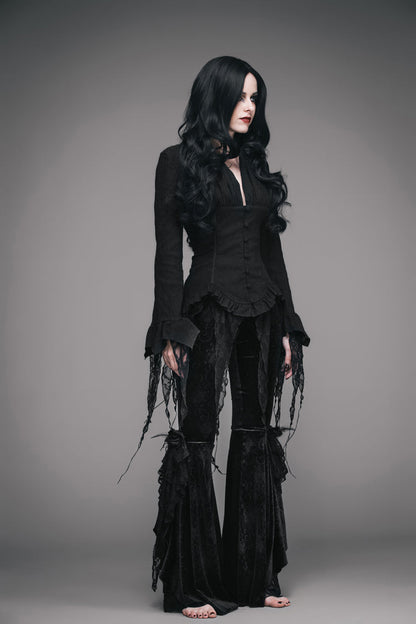 Black Retro Slim Deep V-Neck Tassel Long Sleeve Punk Blouse