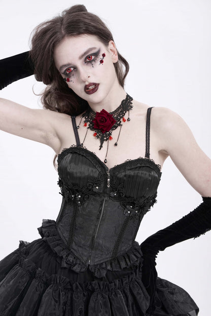 Black Sleeveless Ruffle Embroidery Lace-Up Women's Gothic Tank Top