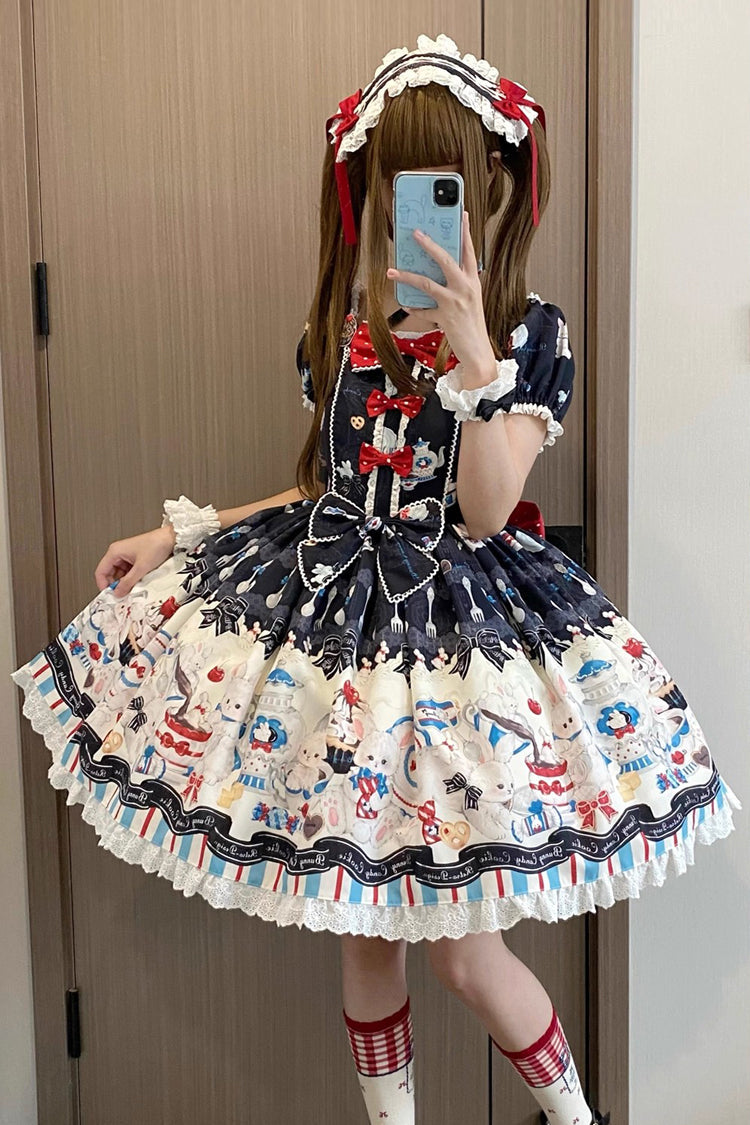 Black [Mystery Rabbit Tea Party] Square Collar Short Sleeves Print Ruffle Bowknot Lace Sweet Lolita Dress