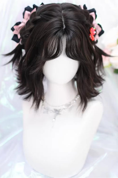 Black Tea Brown Short Wavy Wig with Special Curtain Bangs Sweet Lolita