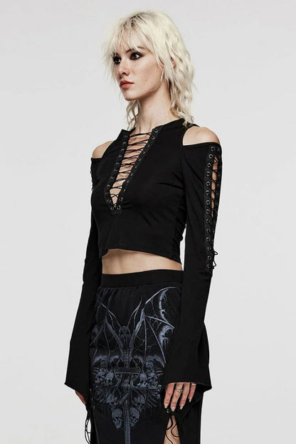 Black V Collar Off Shoulder Long Sleeves Hollow Tie Rope Womens Steampunk T-Shirt