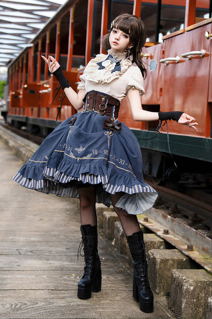 Blue Middle Ages Ruffle Embroidery Bowknot Classic Punk Vintage Lolita Skirt Full Set