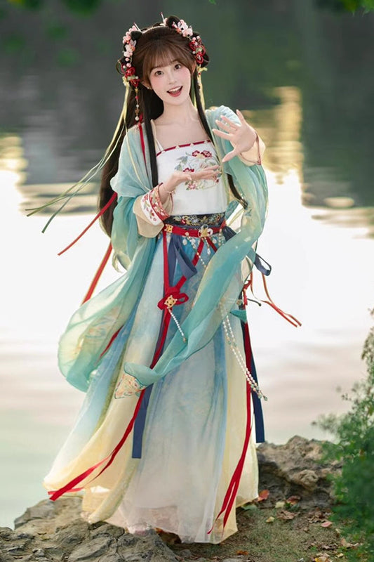 Multi-Color High Waisted Jacquard Print Slim Women's Sweet Hanfu Dress Full Set