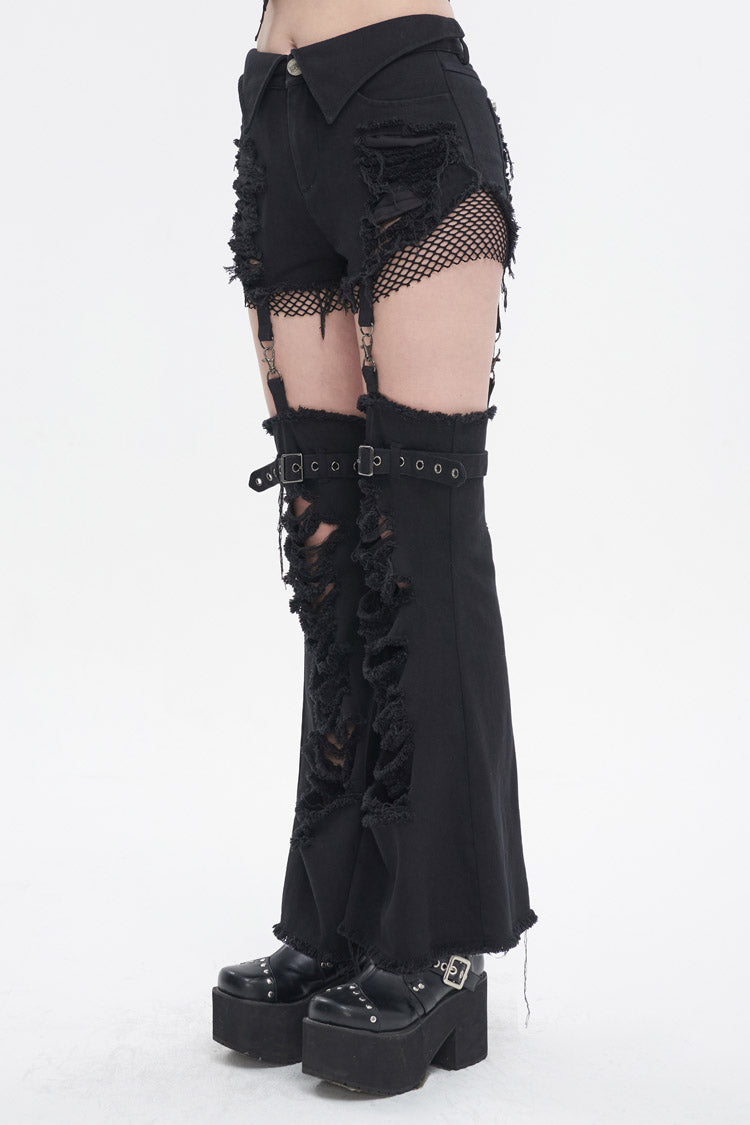 Black Segmented Splicing Old Fashioned Holes Flared Women's Punk Trouser