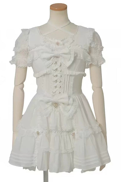 Jirai Kei Short Sleeves Triple-Layered Printed Ruffled Bow Lace-Up Sweet Japanese Dress Set 3 Colors