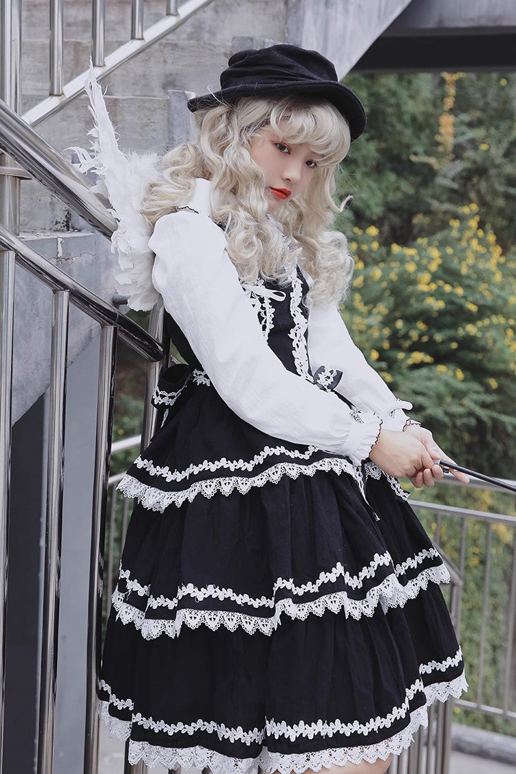 Black/White Three-section Cake Sleeveless Ribbon Sweet Lolita Tiered Dress