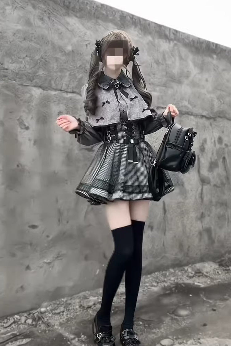 Grey Long Sleeves Houndstooth Printed Ruffled Lace-Up Jirai Kei Japanese Set