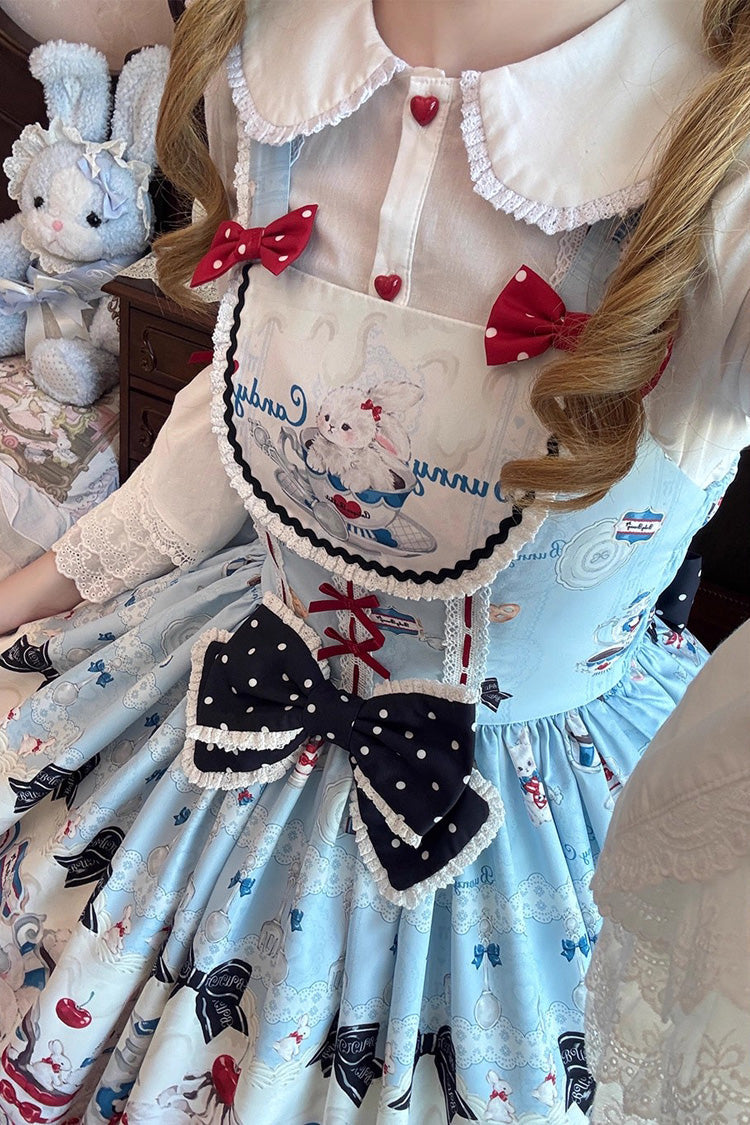Blue [Mystery Rabbit Tea Party] Sleeveless Print Ruffle Bowknot Lace Sweet Lolita Jsk Dress