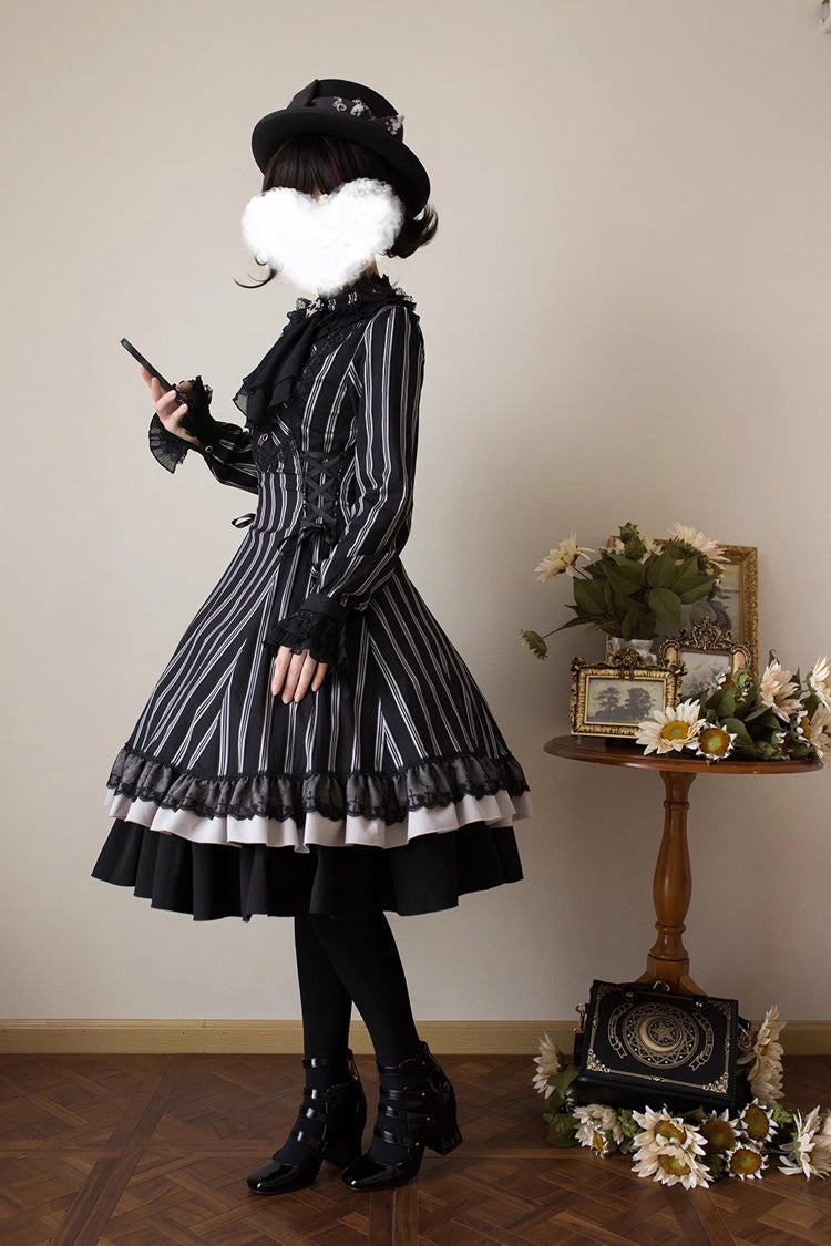 Black Stand Collar Long Sleeves Multi-layer Striped Print Ruffle Gothic Lolita Dress
