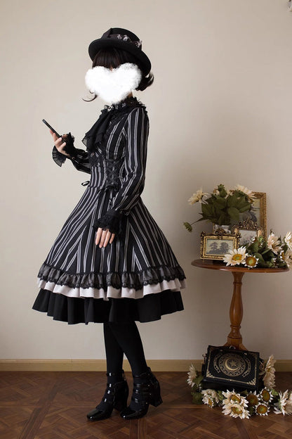 Black Stand Collar Long Sleeves Multi-layer Striped Print Ruffle Gothic Lolita Dress