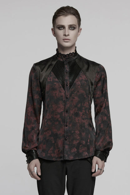 Black/Red Stand Collar Long Sleeves Ruffle Pleated Men's Gothic Blouse