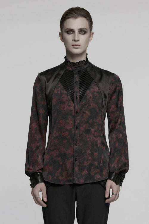 Black/Red Stand Collar Long Sleeves Ruffle Pleated Men's Gothic Blouse