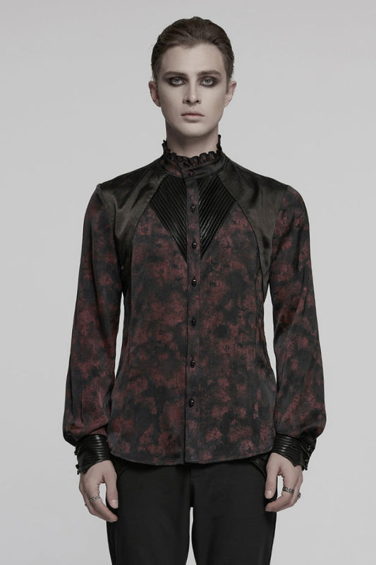 Black/Red Stand Collar Long Sleeves Ruffle Pleated Men's Gothic Blouse