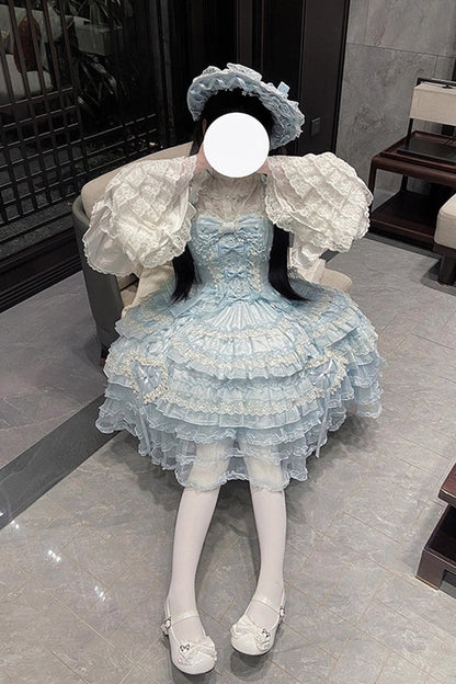 Blue [Sweetheart Diary] Multi-Layered Ruffle Hanayome Embroidery Bowknot Lace Sweet Lolita Jsk Dress